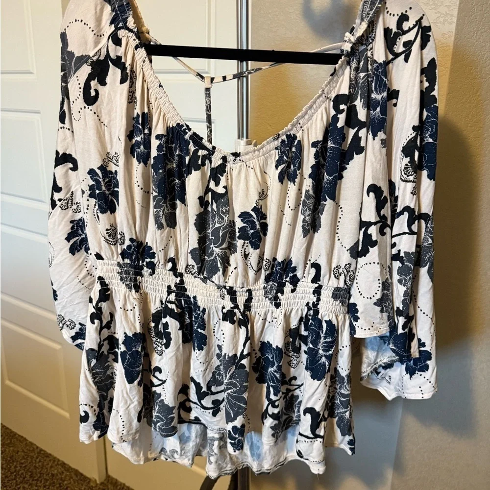 Free People White and Blue Floral Top